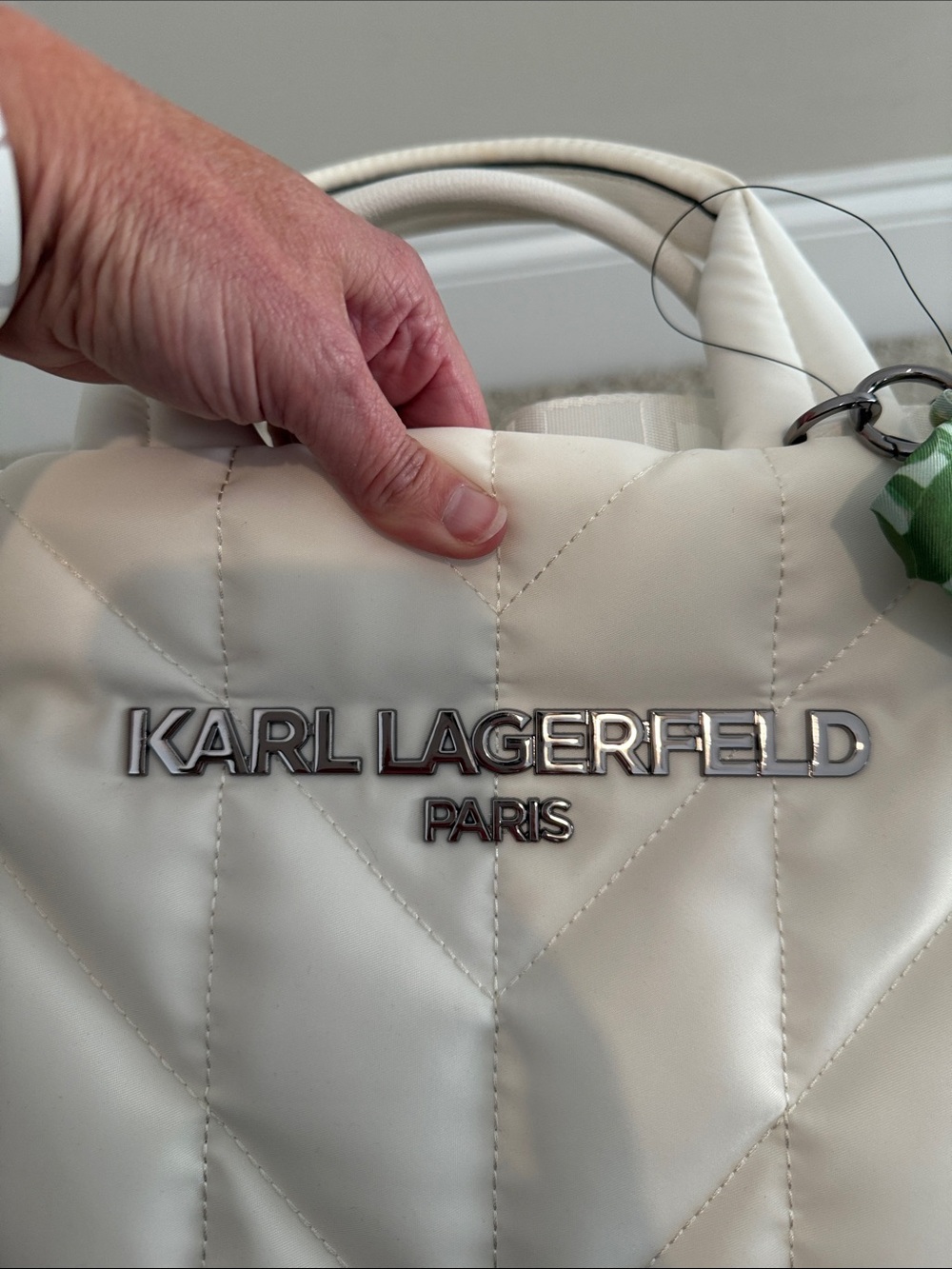 Karl Lagerfeld Winter White Quilted Tote with Floral Bow Charm - Picture 8 of 14